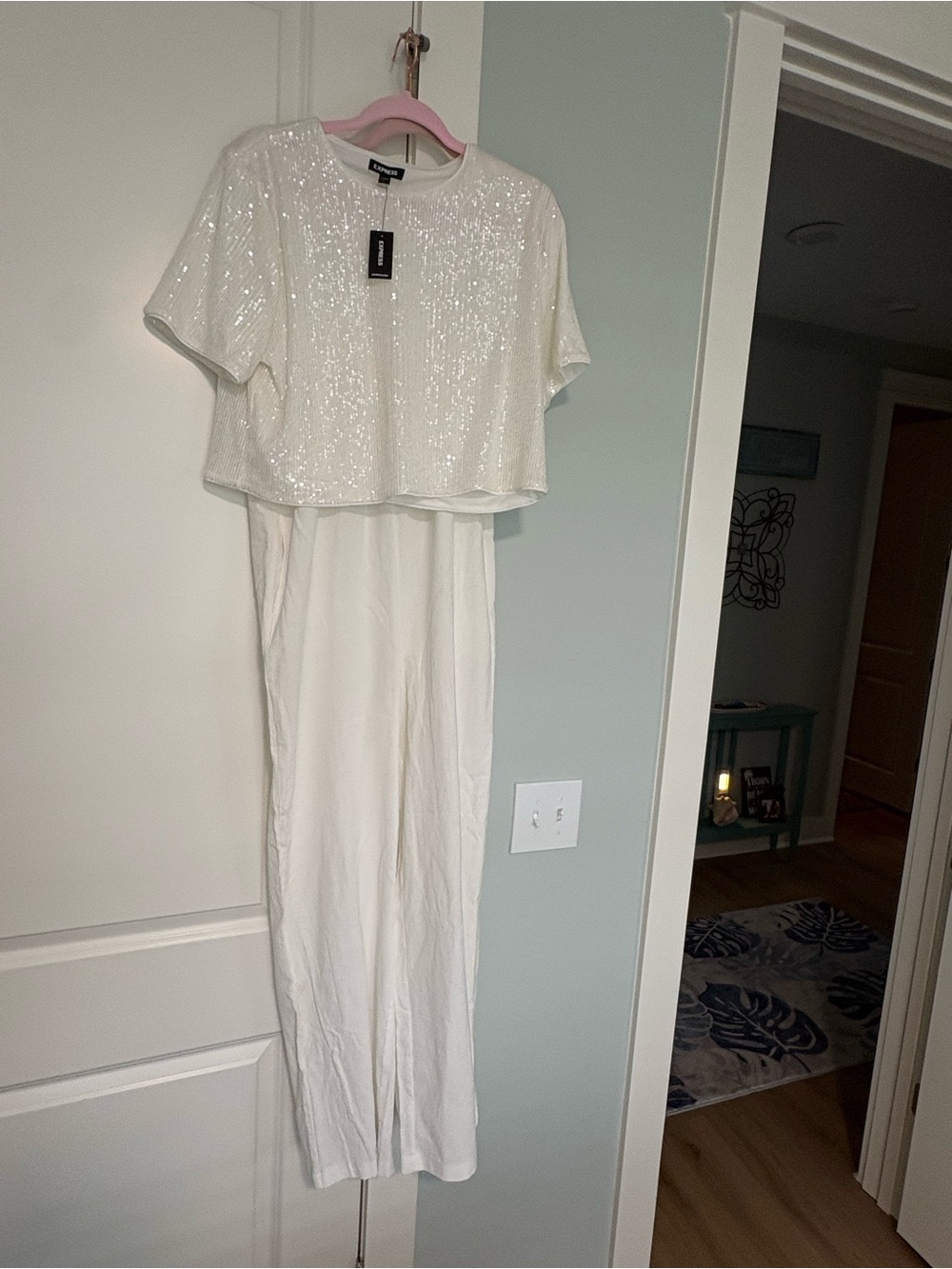 White Sequin Crop Top with coordinating halter pant